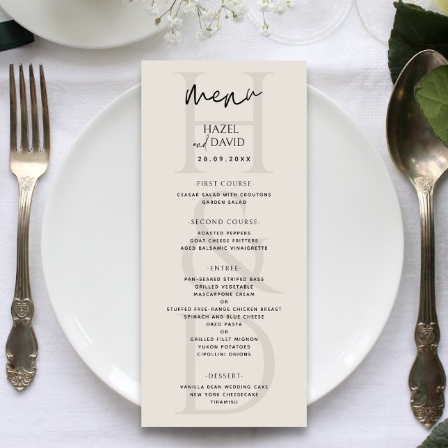 Modern Minimalist Black and Ivory Monogram Wedding Menu (Modern minimalist black and ivory monogram menu adds a soft, elegant touch to reception tables.)
