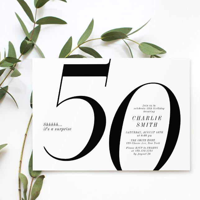 Modern minimalist black and white 50th birthday invitation (Modern minimalist black and white 50th birthday invitation)
