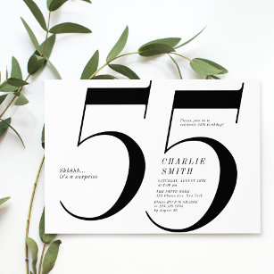 Modern minimalist black and white 55th birthday invitation
