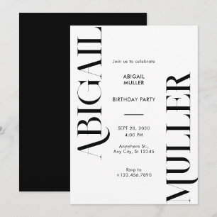 Modern Minimalist black and white Birthday Invitation