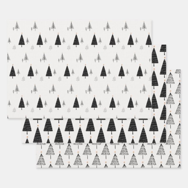 Modern Minimalist Black and White Christmas Tree  Wrapping Paper Sheet (Set)
