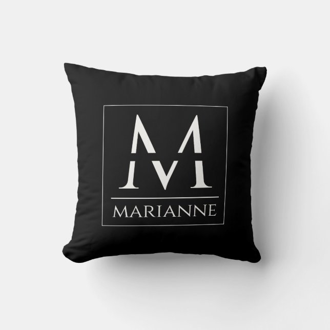 Modern Minimalist Black and White Custom Monogram Throw Pillow (Front)