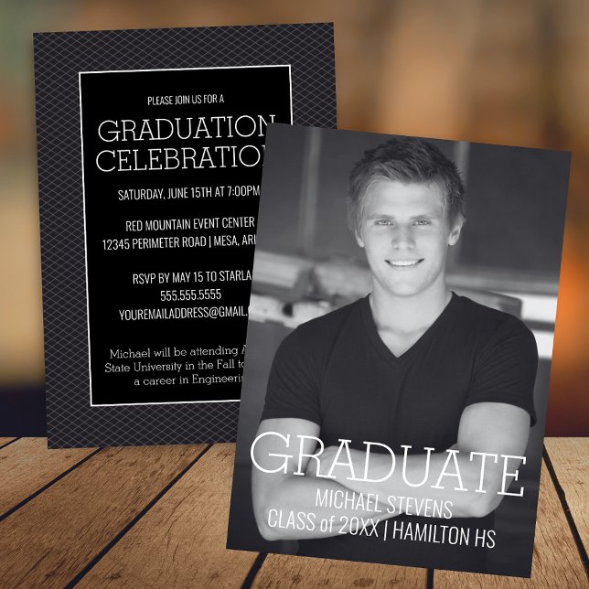 Modern Minimalist Black and White Graduatation Announcement (Modern Minimalist Black and White College or High School Graduate Graduation Announcement Invitation)