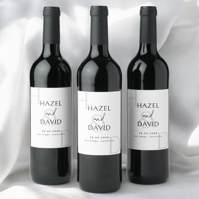 Modern Minimalist Black and White Monogram Wedding Wine Label (Creator Uploaded)