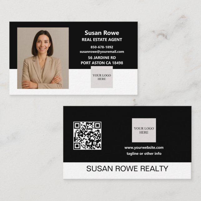 Modern Minimalist Black and White QR Code Photo Business Card (Front/Back)