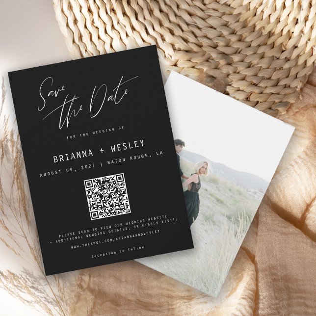 Modern Minimalist Black and White QR Code Photo Save The Date (Creator Uploaded)