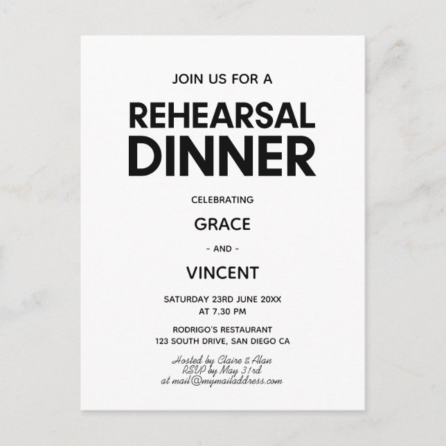 Modern minimalist Black and white rehearsal dinner Postcard (Front)