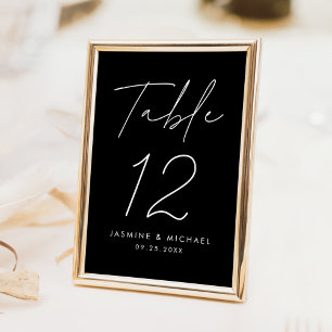 Modern Minimalist Black and White Script Wedding Table Number