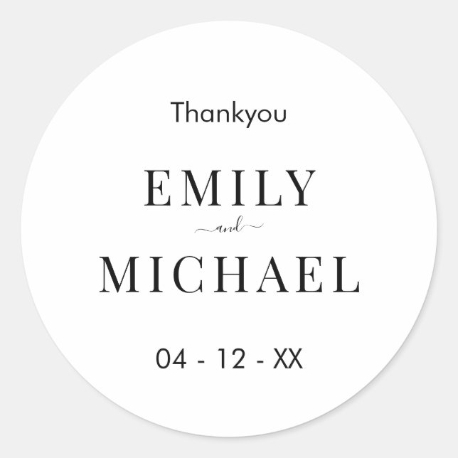 Modern Minimalist Black and White Wedding Classic Round Sticker (Front)