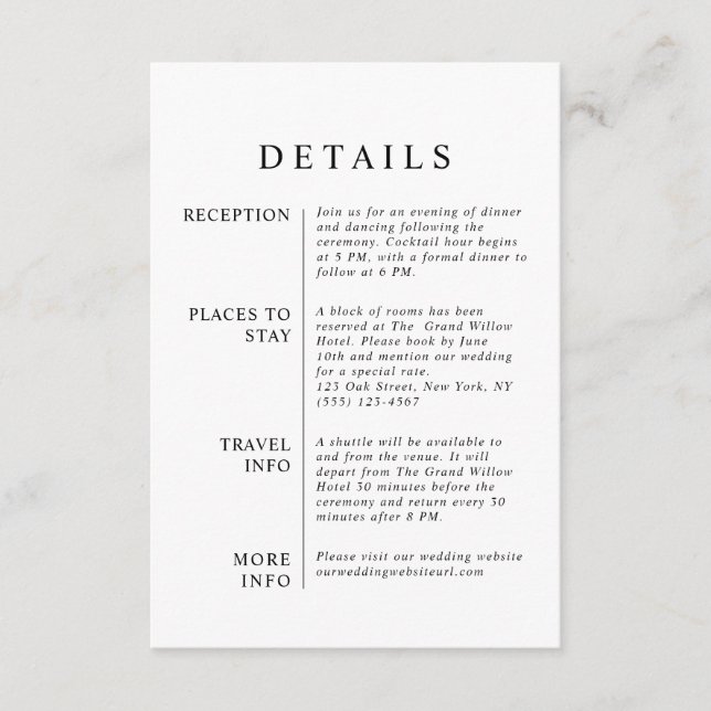 Modern Minimalist Black and White Wedding Details Enclosure Card (Front)