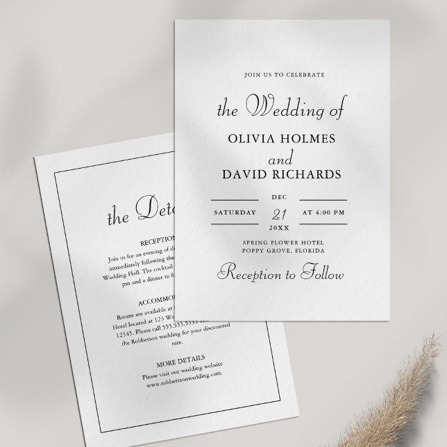Modern Minimalist  Black and White Wedding Invitation (Modern Minimalist Black and White Wedding Invitation on white table with dry wildflower.)