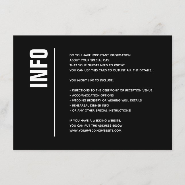 Modern Minimalist Black Bold Wedding Details Info Enclosure Card (Front)
