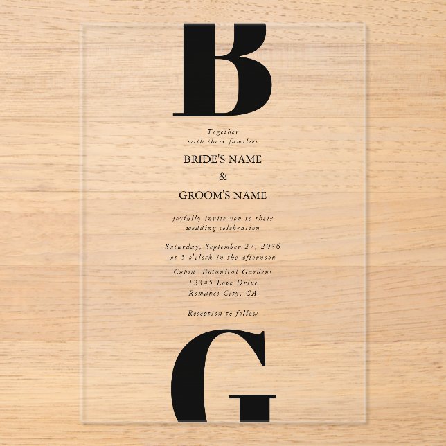 Modern Minimalist Black & Clear Monogram Wedding Acrylic Invitations (Front)
