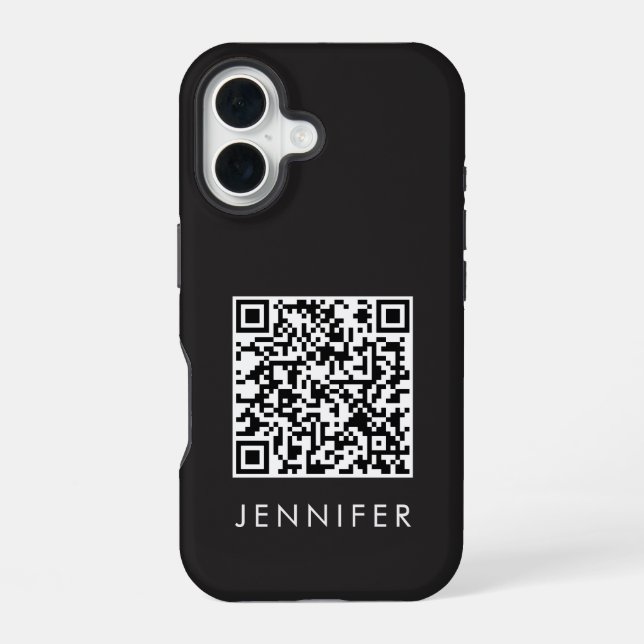 Modern Minimalist Black Executive QR Code Monogram iPhone 16 Case (Back)