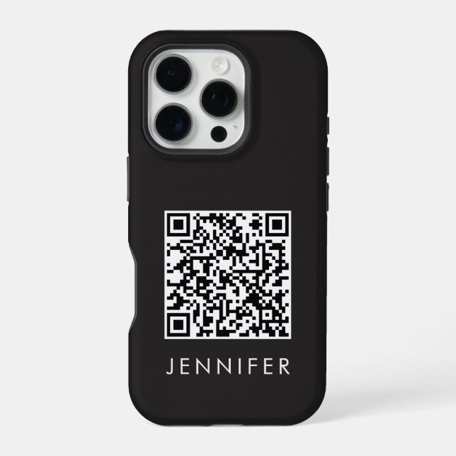 Modern Minimalist Black Executive QR Code Monogram iPhone Case (Back)