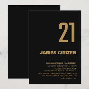 Modern Minimalist Black Gold 21st Birthday Party Invitation