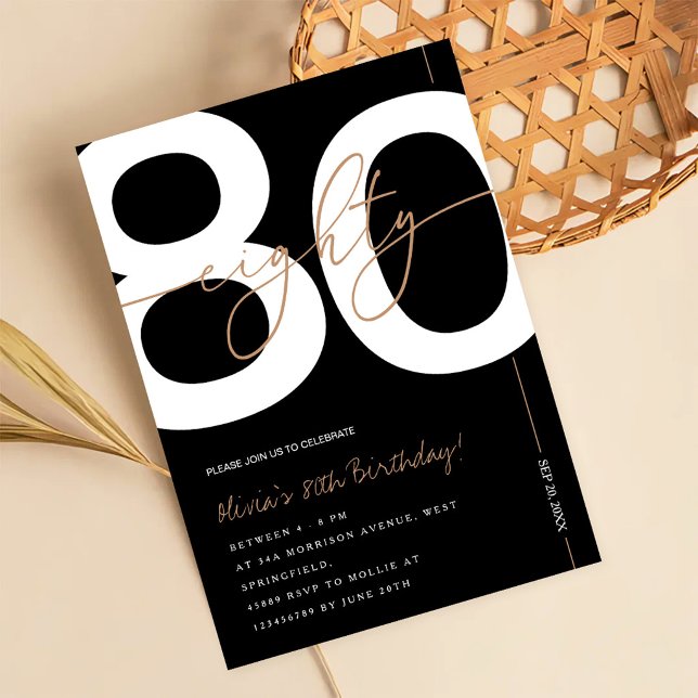 Modern Minimalist Black & Gold 80th Birthday Party Invitation (Creator Uploaded)