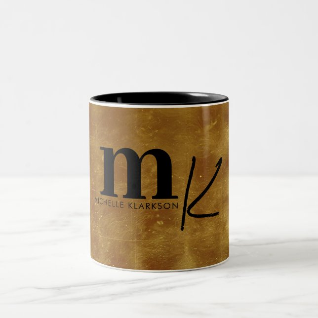 Modern Minimalist Black Gold Foil Monogram  Two-Tone Coffee Mug (Center)