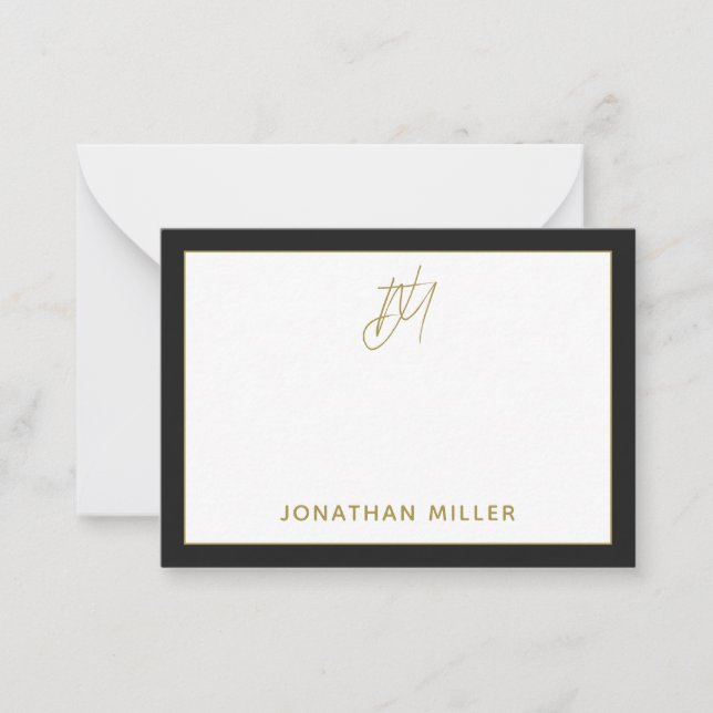 Modern Minimalist Black Gold Monogram Card (Front)