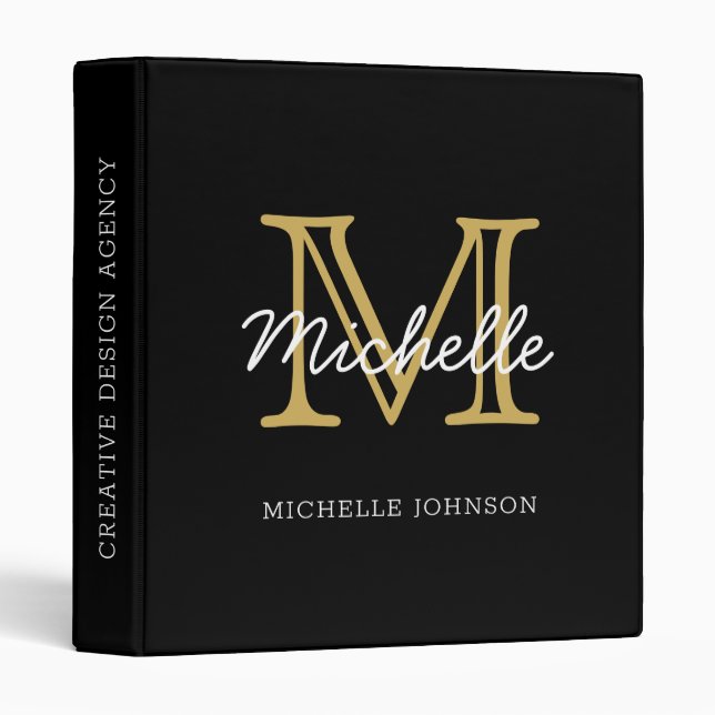 Modern Minimalist Black Gold Monogram Professional Binder (Front/Spine)