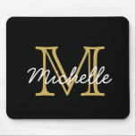 Modern Minimalist Black Gold Monogram Script Mouse Pad<br><div class="desc">Modern,  minimalist black and gold personalized name monogrammed mouse pad. It features a monogram initial in serif style font and pretty handwritten first name text template in gold,  white colour on black background. Great girly,  feminine personalized gift. If you need help or matching items,  please contact to me.</div>