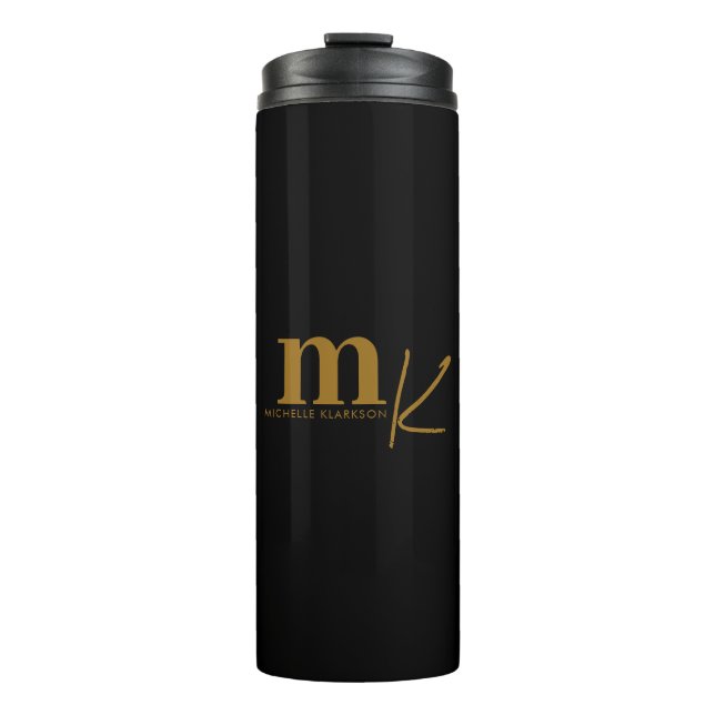 Modern Minimalist Black Gold Monogram  Thermal Tumbler (Front)