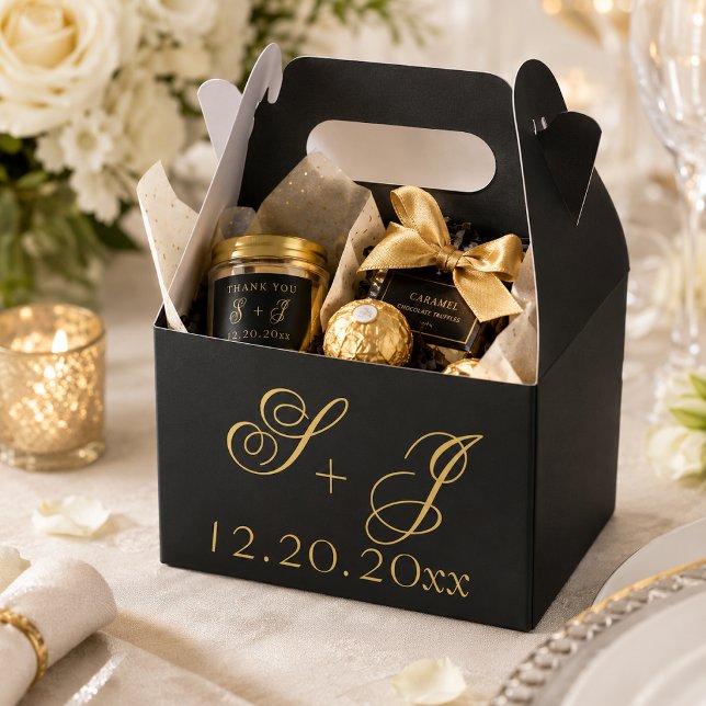 Modern Minimalist Black Gold Monogram Wedding  Favor Box (Creator Uploaded)