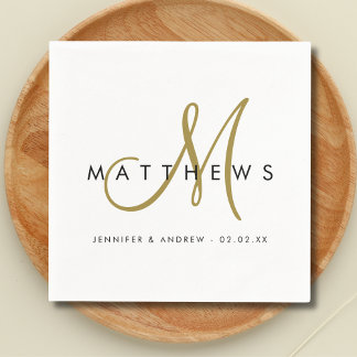 Modern Minimalist Black Gold Monogram Wedding Napkin