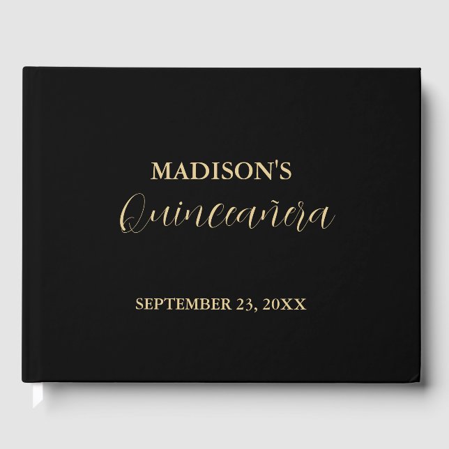Modern  Minimalist black & Gold quinceañera Guest Book (Front)