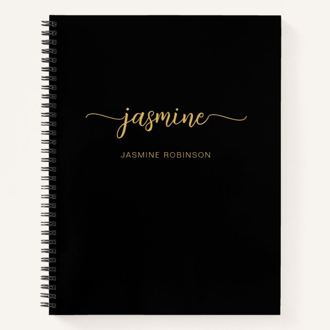 Modern Minimalist Black Gold Script Monogram Name  Notebook (Front)
