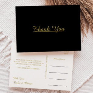 Modern Minimalist Black Gold Wedding Thank You Postcard