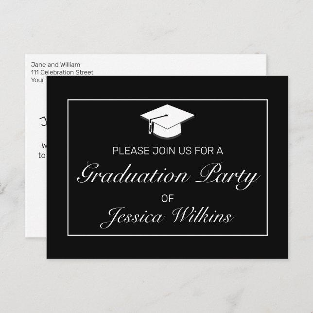 Modern Minimalist Black Graduation Invitation Postcard (Front/Back)