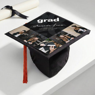 Modern Minimalist Black Graduation Photo Collage Cap Topper