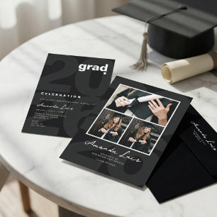Modern Minimalist Black Graduation Photo Collage   Invitation