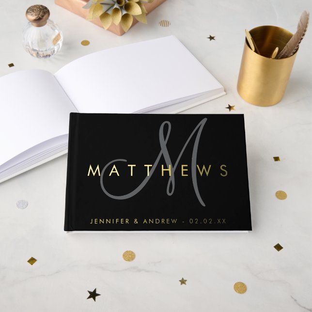 Modern Minimalist Black Grey Monogram Wedding Gold Guest Book (Front Open)