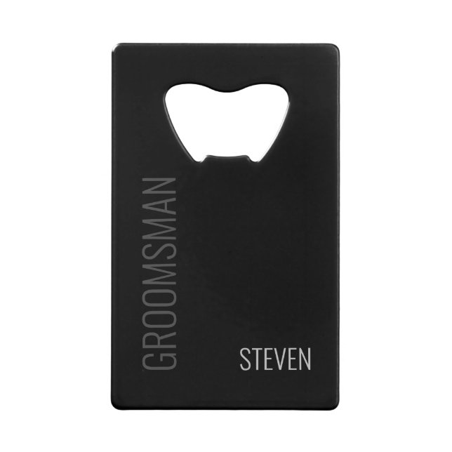 Modern Minimalist Black Groomsman Personalized Credit Card Bottle Opener (Front)