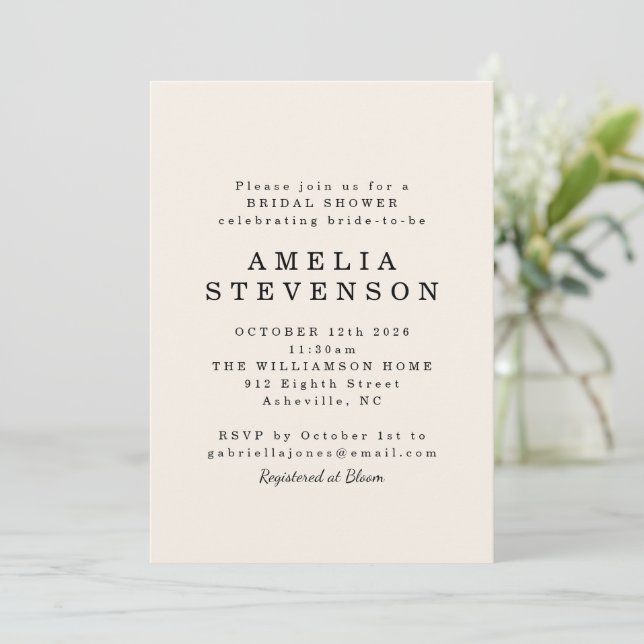 Modern Minimalist Black Ivory Chic Bridal Shower Invitation (Standing Front)
