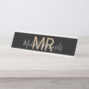 Modern minimalist black name monogram desk plate