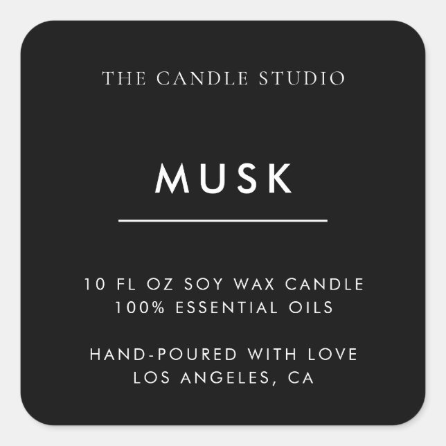 Modern Minimalist Black Packaging Candle Cosmetics Square Sticker (Front)