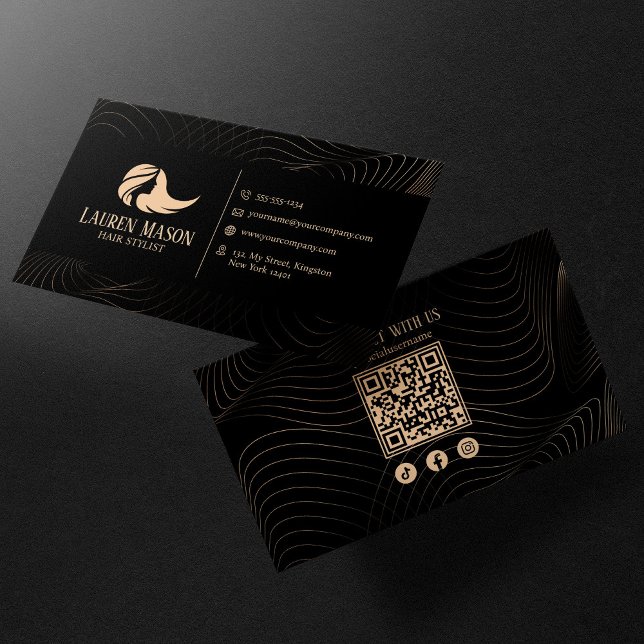 Modern Minimalist Black Peach Hair Stylist QR Code Business Card (Creator Uploaded)