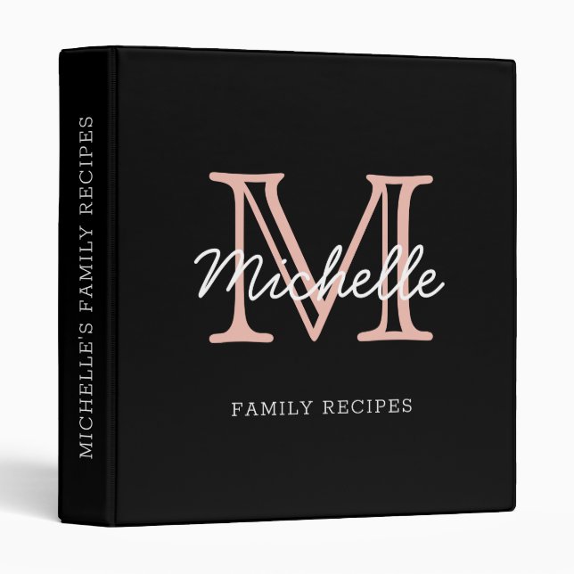 Modern Minimalist Black Pink Monogram Recipe Binder (Front/Spine)