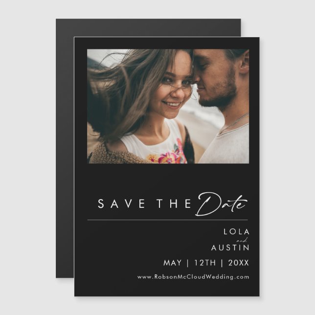 Modern Minimalist | Black Save The Date Magnet (Front/Back)