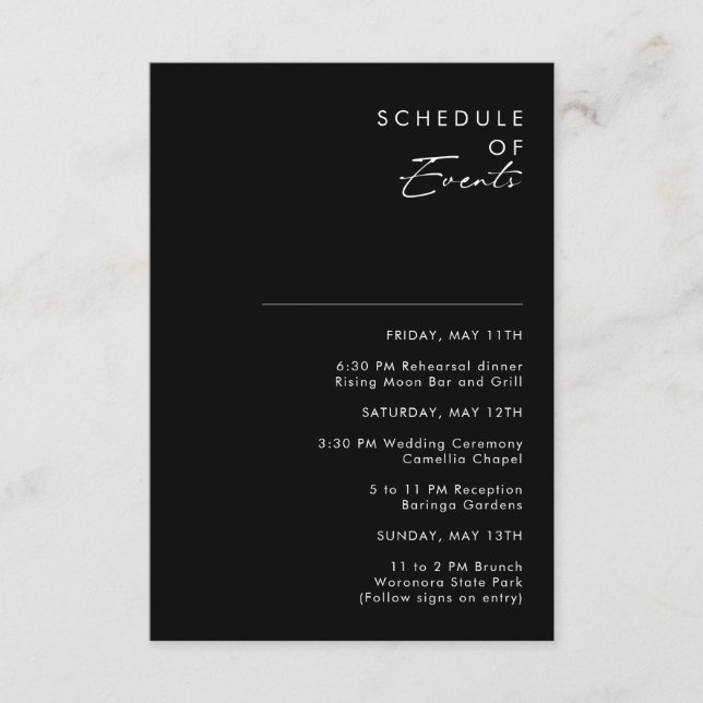 Modern Minimalist | Black Schedule of Events Card (Front)