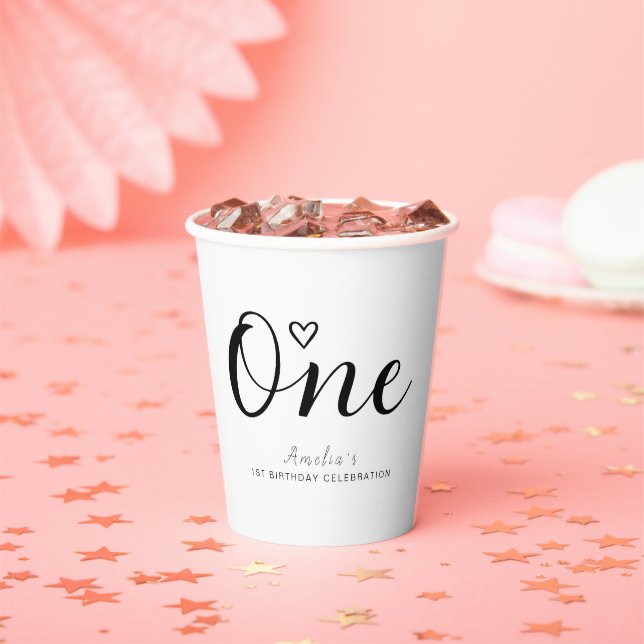Modern Minimalist Black Script 1st Birthday Paper Cups (Insitu)