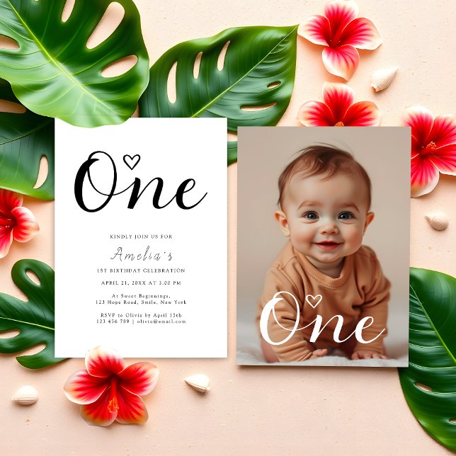 Modern Minimalist Black Script 1st Birthday Photo Invitation (Creator Uploaded)
