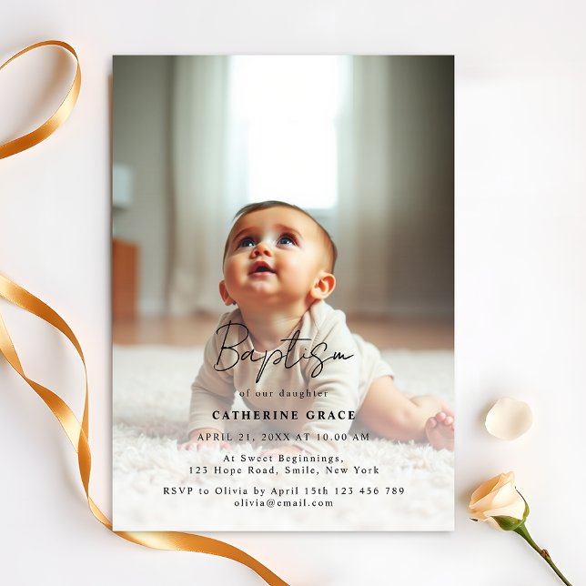 Modern Minimalist Black Script Baby Photo Baptism Invitation (Creator Uploaded)