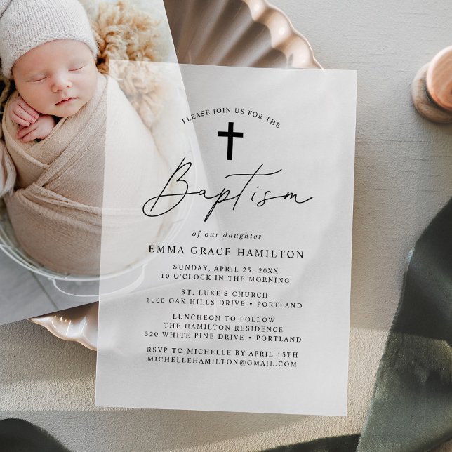 Modern Minimalist Black Script Baptism Vellum Invitations (Creator Uploaded)