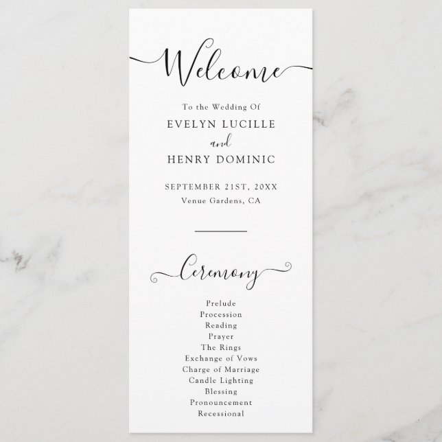 Modern Minimalist Black Script Wedding Ceremony Program (Front)
