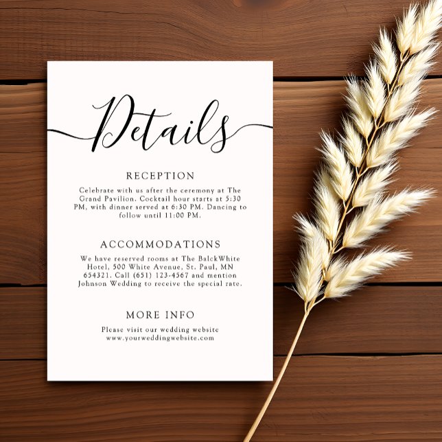 Modern Minimalist Black Script Wedding Details Enclosure Card (Creator Uploaded)