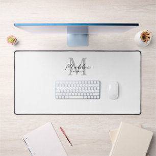 Modern Minimalist Black Script White Grey Monogram Desk Mat